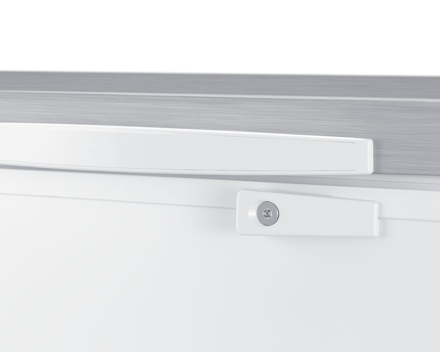 Commercially listed 10 cu.ft. manual defrost chest freezer in white with stainless steel corner guards, stainless steel look lid, interior light, and lock